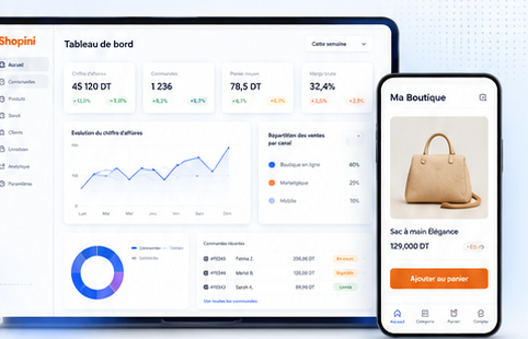 Aperçu de la plateforme de commerce Shopini avec tableau de bord et boutique mobile