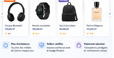 Aperçu de la Marketplace Shopini avec cartes produits et avantages vendeurs